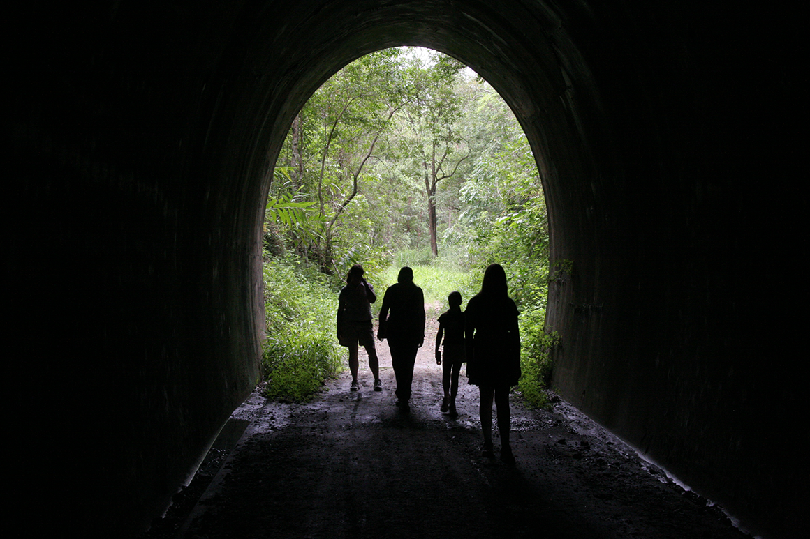 A family is silhouetted as they walk through a large tunnel with forest in background.
