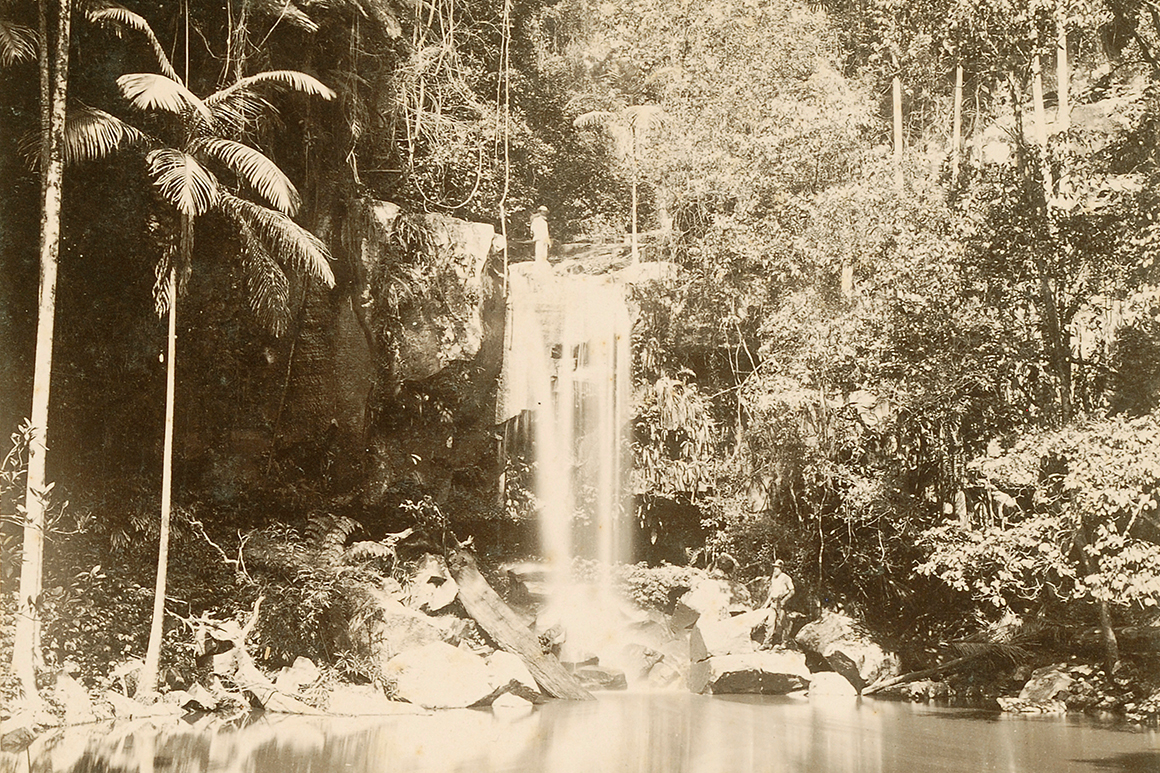 Old sepia image of waterfall surrounded by rainforest with two men standing and sitting nearby.