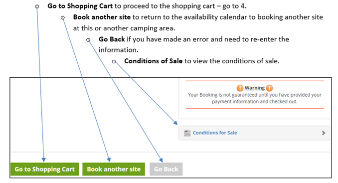 Screenshot of Go to Shopping Cart and Book another site and Go Back and Conditions of Sale within the Queensland National Parks Booking Service.