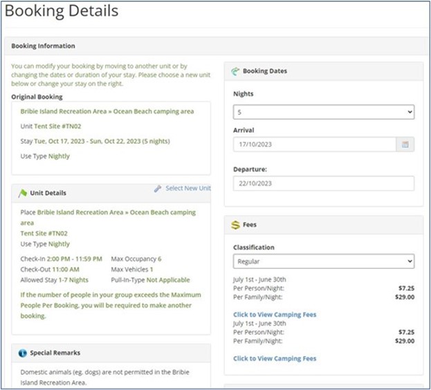 Screenshot of the Booking Details page.