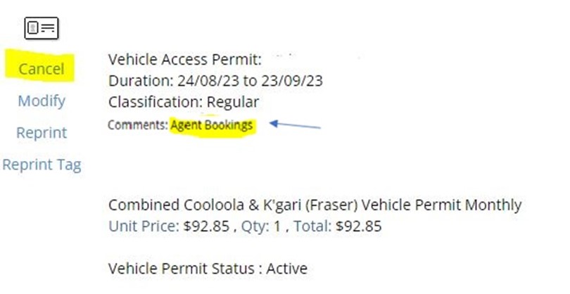 Screenshot of cancel vehicle access permit agent bookings screen.