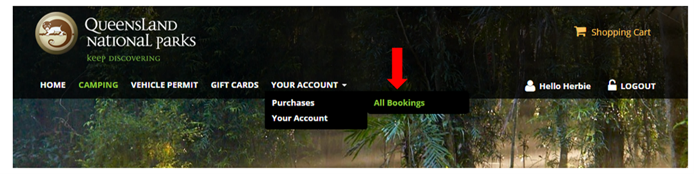Screenshot of Queensland National Parks Booking Service All Bookings screen.