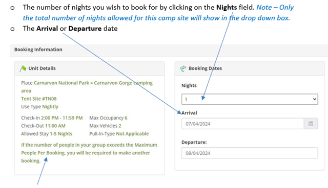 Screenshot of Nights field and Arrival or Departure date.