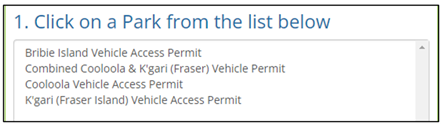 Screenshot of Select a Park on the Vehicle Permit screen. 