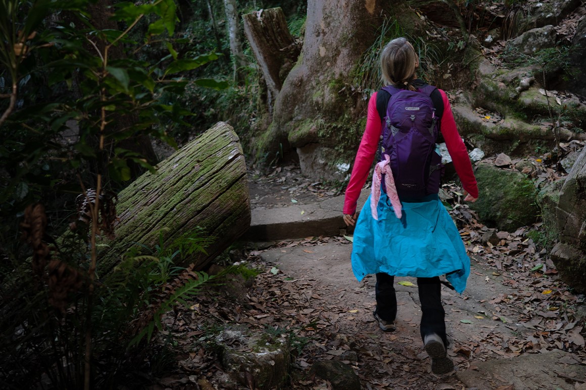 Hiker wears warm gear and pack on her back while walking on a rainforest track. 