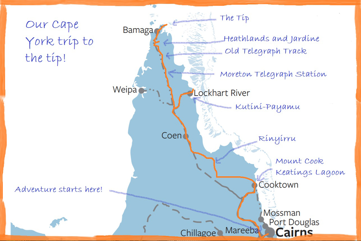 Hand-drawn route and place name labels on basic map of Cape York Peninsula.