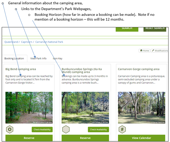 Screenshot of page that shows all the camping areas in the Park you have selected.