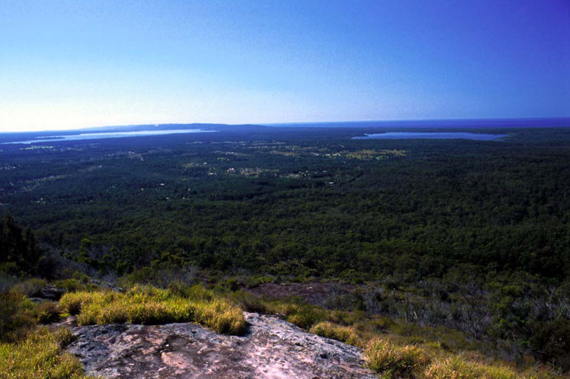 An expansive view of forested hinterland dotted with small townships and the blue coastline stretching toward the horizon.